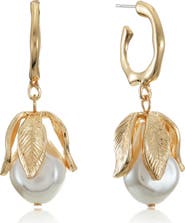 Ettika Faux Pearl Blossom Drop Hoop Earrings