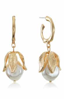 Ettika Faux Pearl Blossom Drop Hoop Earrings