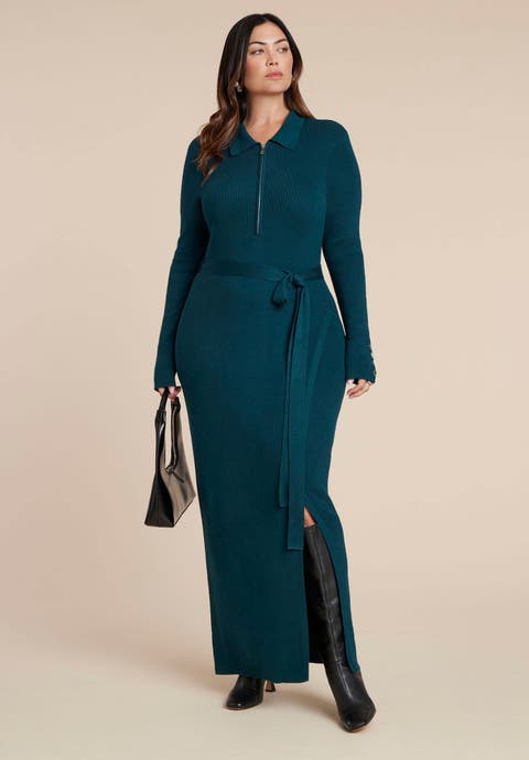 Zipper & Tie Sweater Dress (Plus Available)