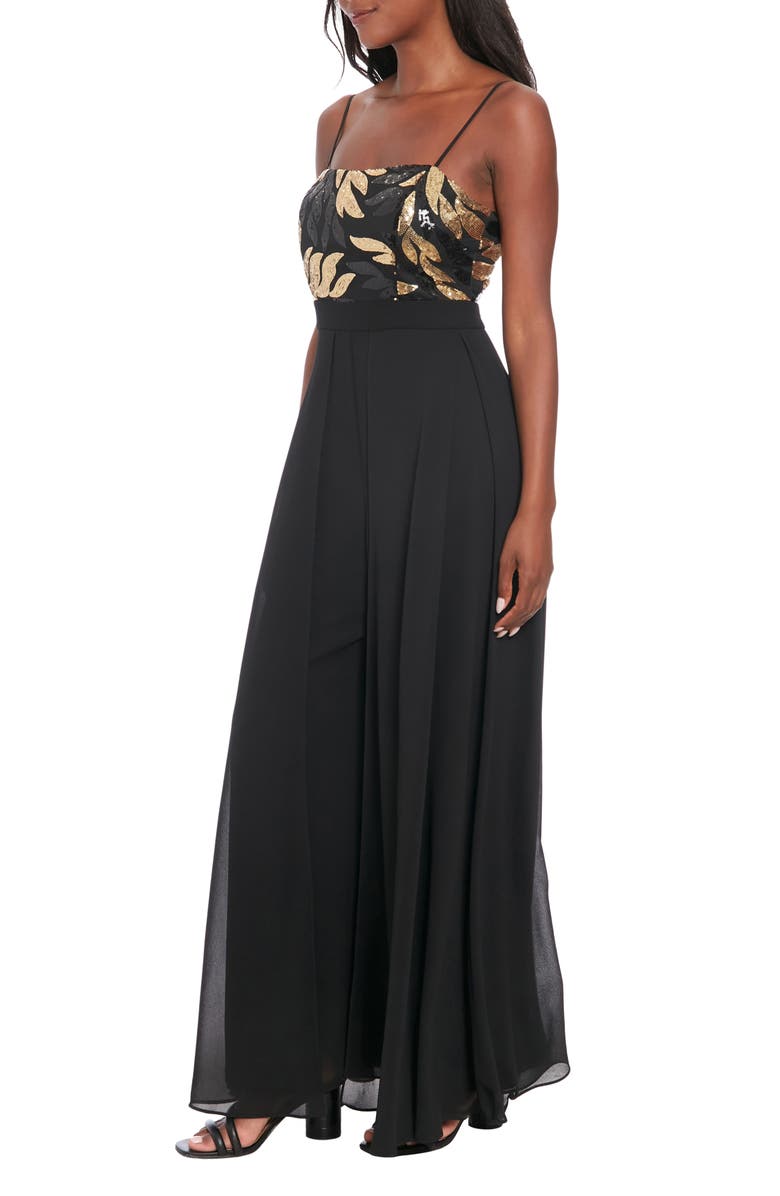London Times Sequin Leaf Overlay Wide Leg Jumpsuit, Alternate, color, Black Gold