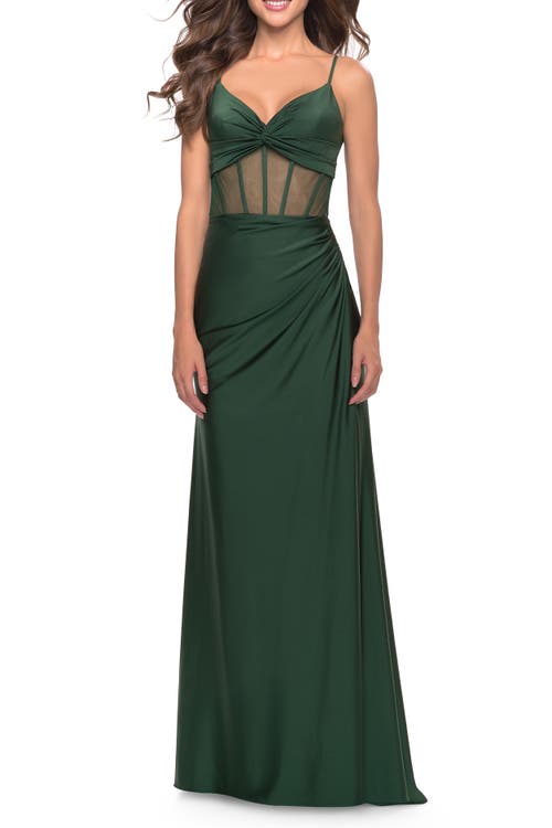 La Femme Illusion Bodice Dress With Boning And Twist Detail In Emerald
