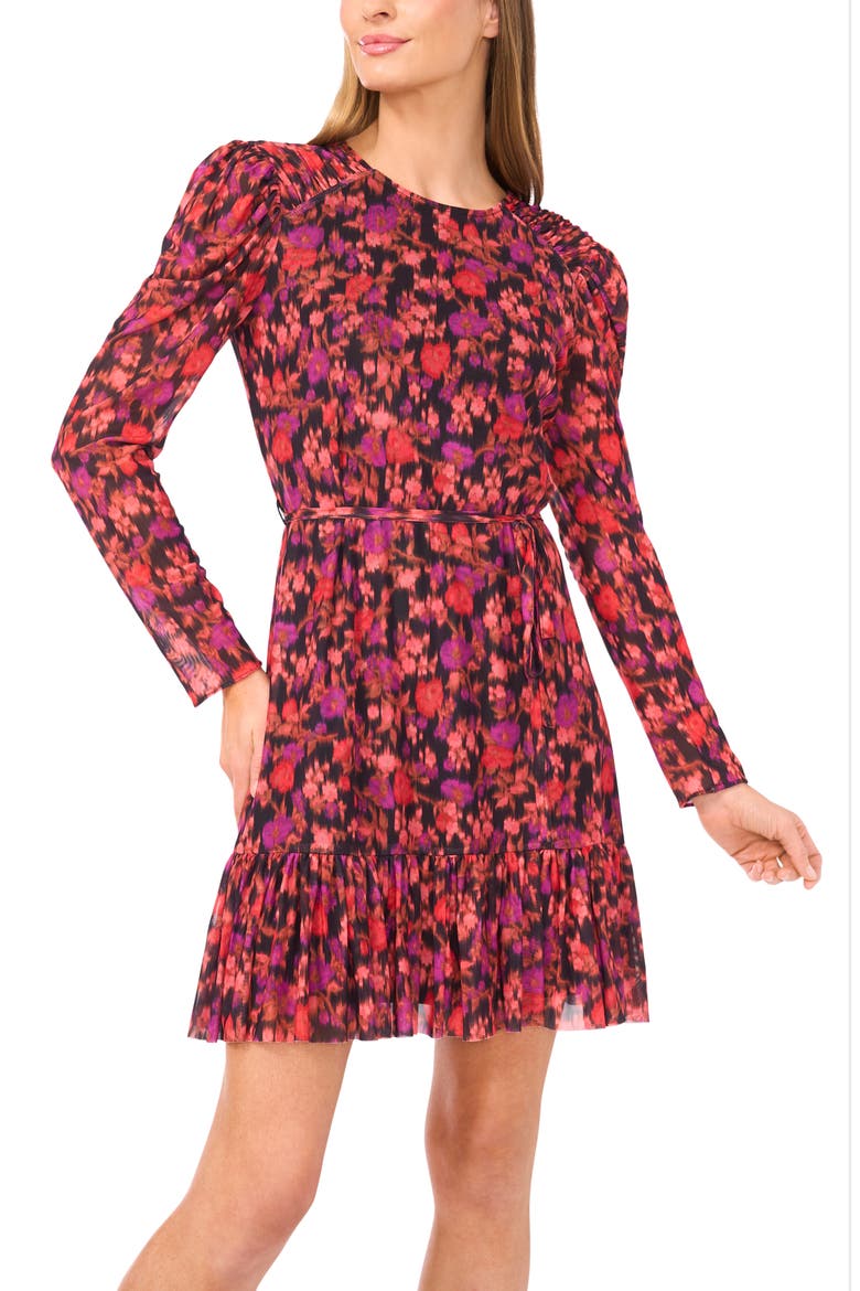 Blurred Floral Long Sleeve Minidress, Alternate, color, RICH BLACK/ PINK MULTI