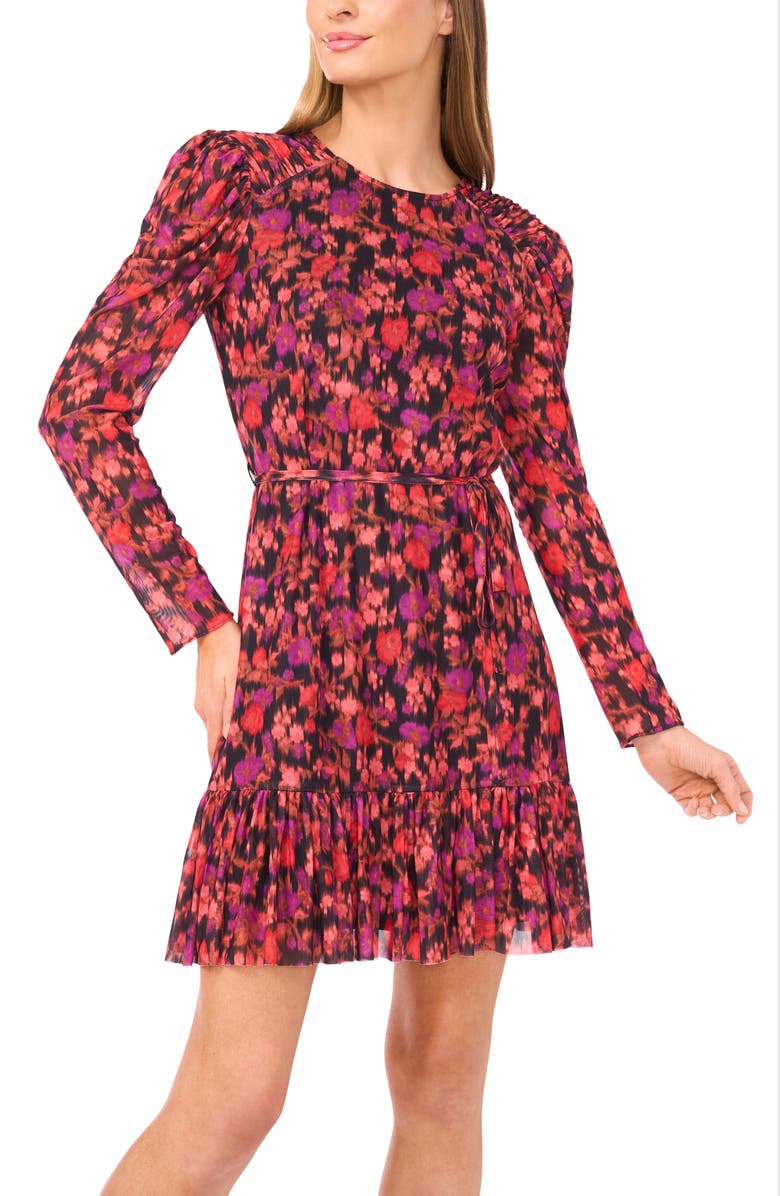 CeCe Blurred Floral Long Sleeve Minidress, Alternate, color, Rich Black/ Pink Multi