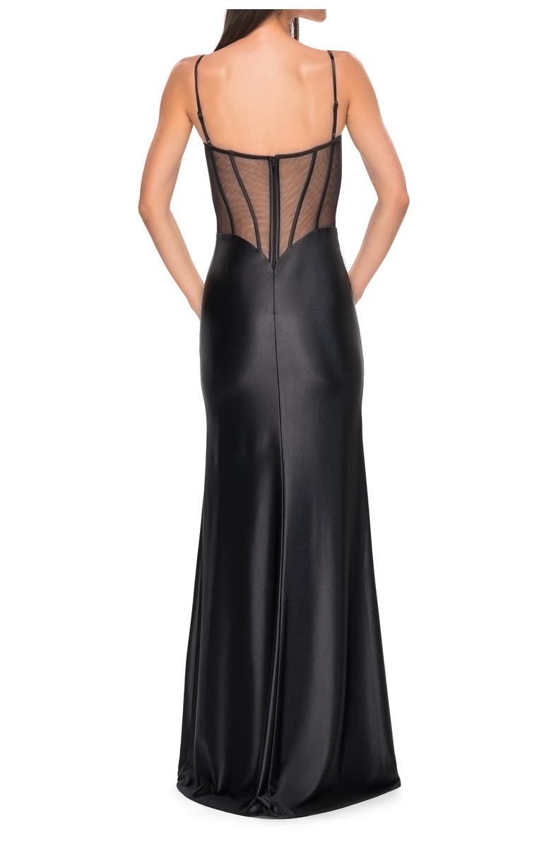 La Femme Chic Stretch Satin Dress with Illusion Mesh Back, Alternate, color, Black