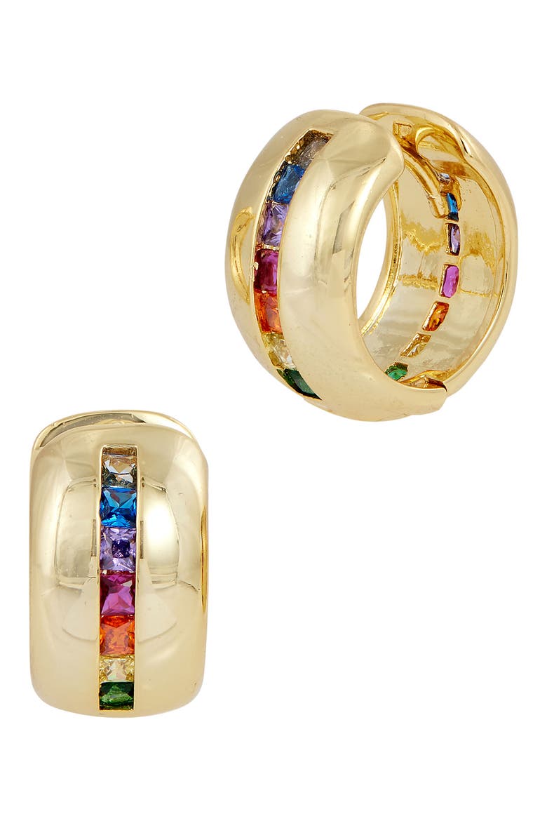 Rainbow CZ Huggie Hoop Earrings, Main, color, GOLD