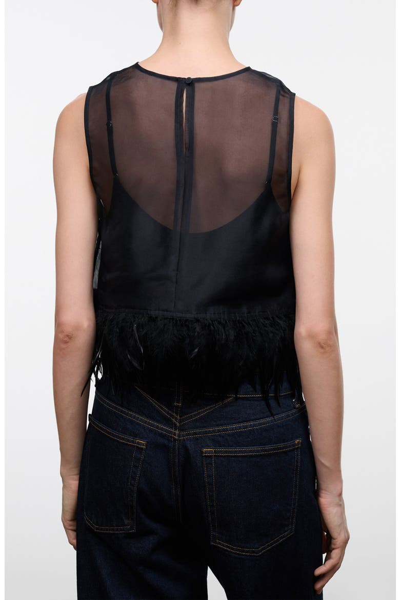 Avi Sleeveless Feather Trim Silk Top, Alternate, color, BLACK