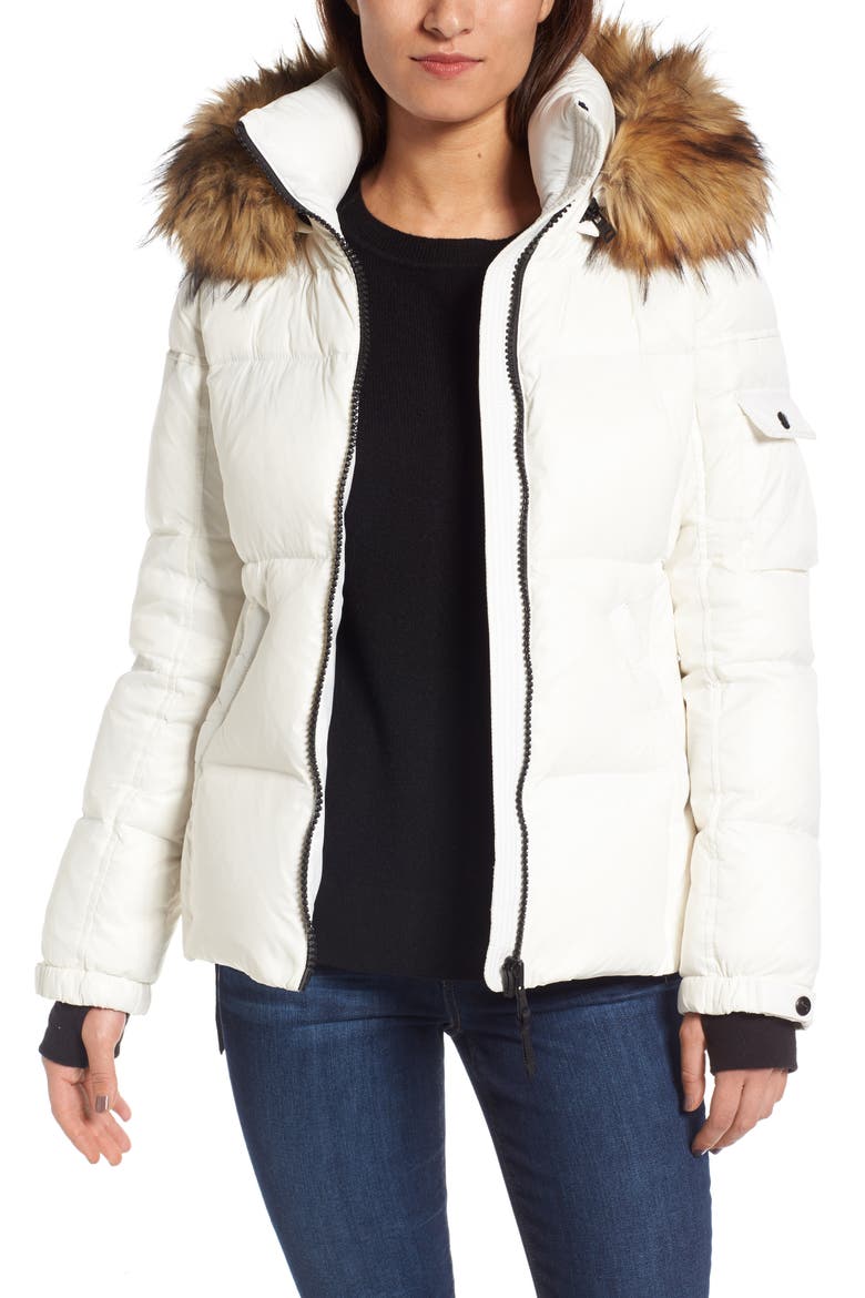 S13/NYC Kylie Faux Fur Trim Gloss Puffer Jacket, Main, color, WHITE/ NATURAL