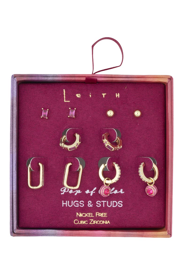 Set of 5 Cubic Zirconia Stud, Drop & Huggie Hoop Earrings, Main, color, PINK MULTI- GOLD