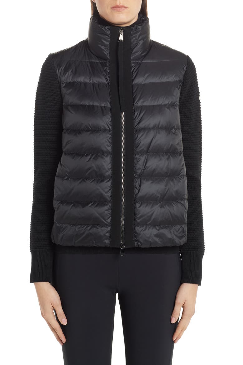 Quilted Down & Wool Short Cardigan, Main, color, BLACK