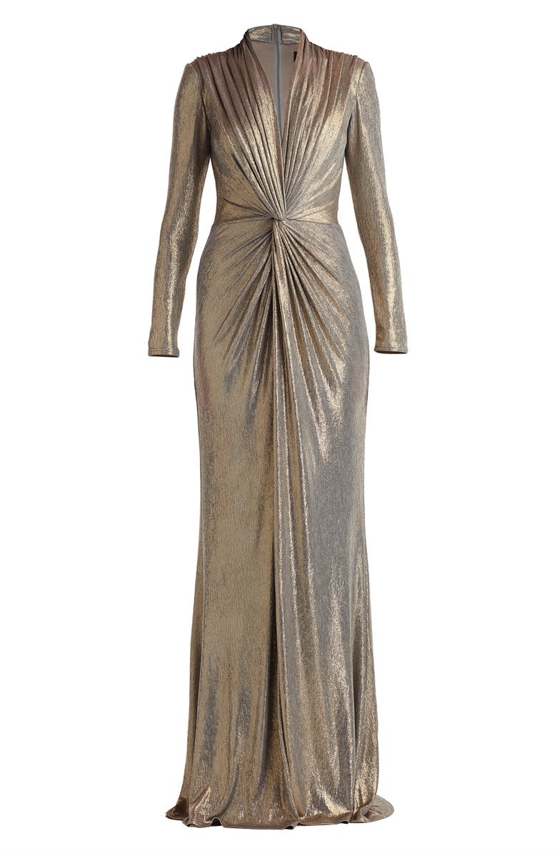 Tadashi Shoji Metallic Long Sleeve Liquid Jersey Gown, Alternate, color, Smoke Pearl