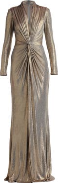 Tadashi Shoji Metallic Long Sleeve Liquid Jersey Gown