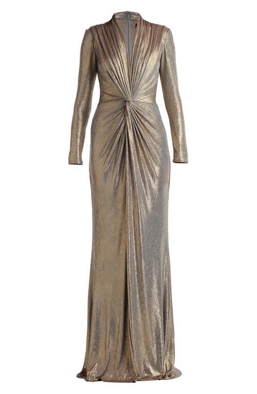 Tadashi Shoji Metallic Long Sleeve Liquid Jersey Gown In Neutral