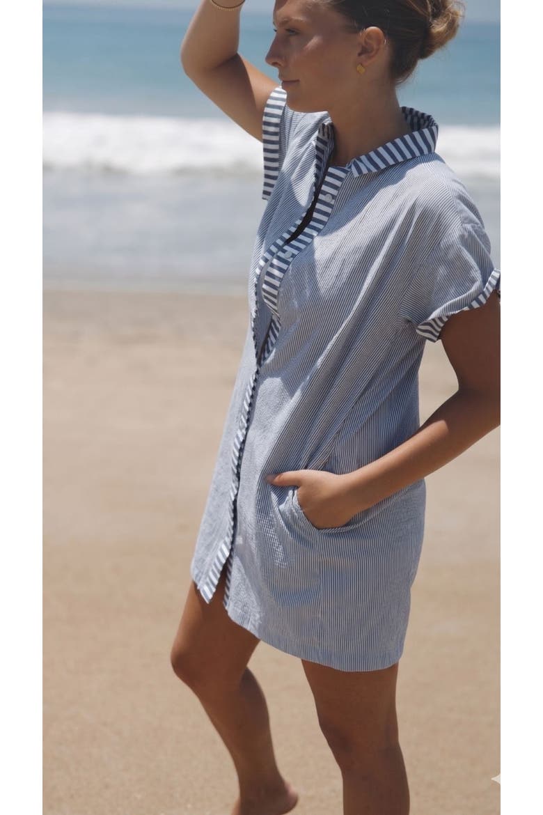 Riga Short Sleeve Short Dress Cover-Up, Alternate, color, Navy Stripes