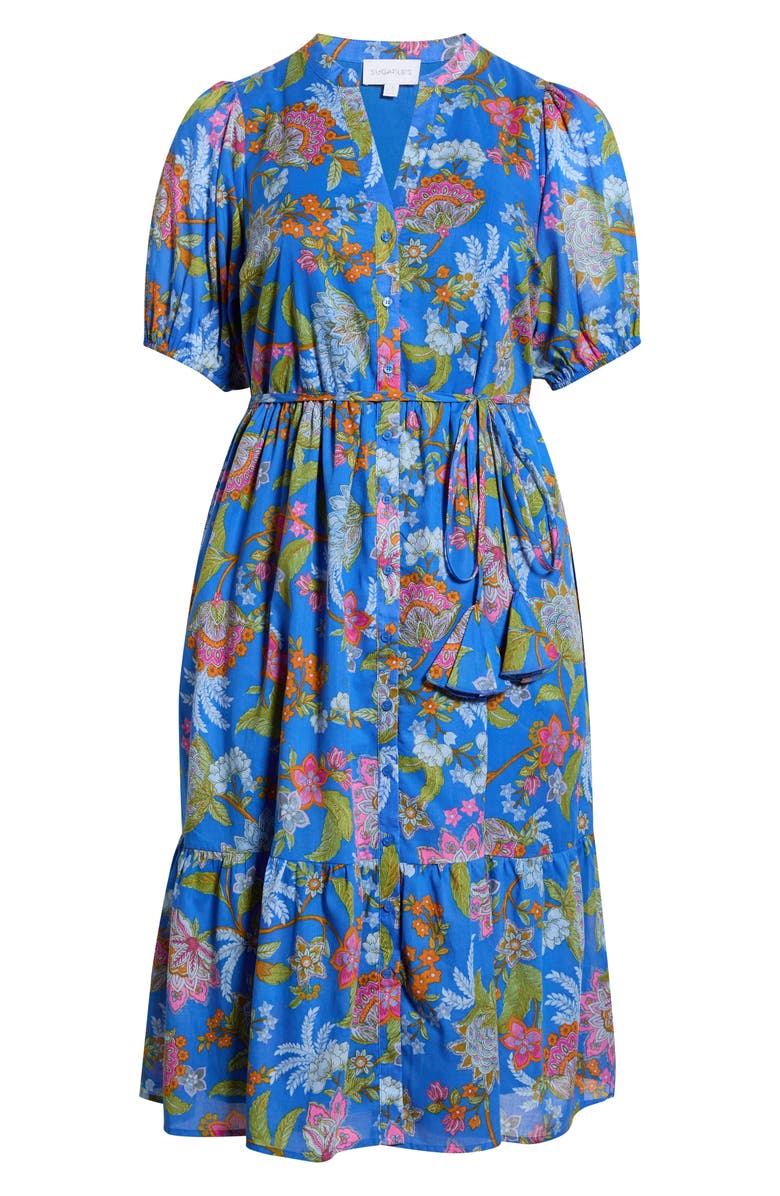 SUGARLIPS Sunlit Floral Beth Button-Up Cotton Midi Dress, Alternate, color, Cobalt-Multi
