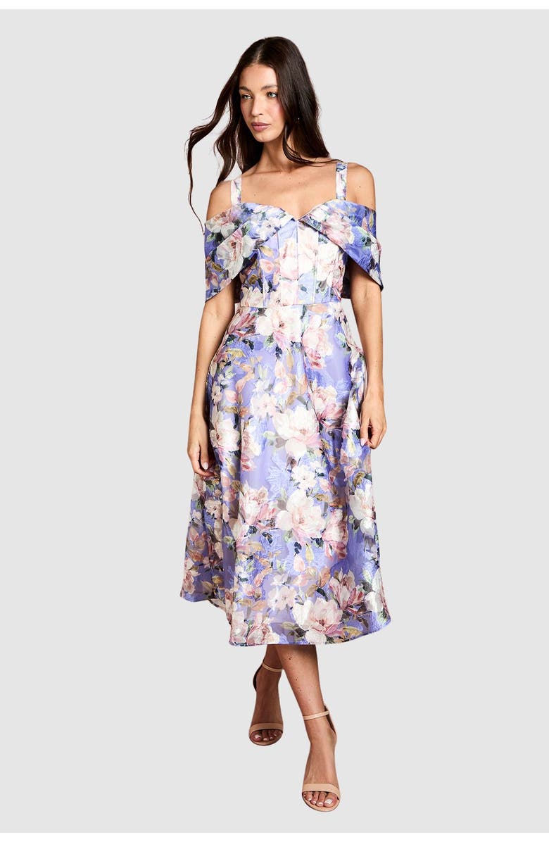 Coast Corseted Bardot Jacquard Midi Dress, Main, color, Purple