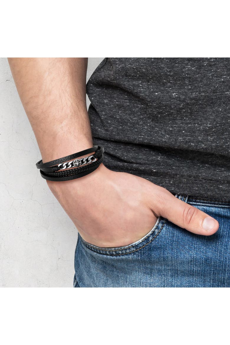 Men's Multi-Row Chain 8.25'' Bracelet with Compass Emblem, Black, Alternate, color, Black