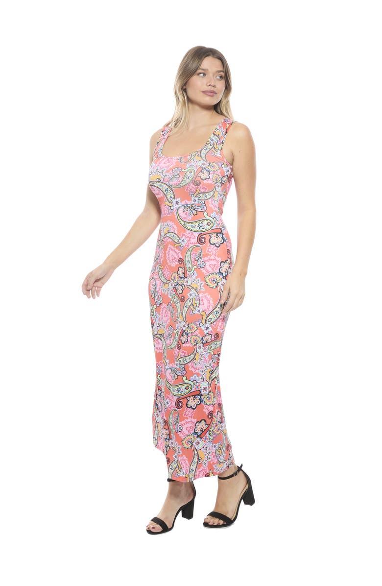 24seven Comfort Apparel Womens Paisley Scoop Neck Sleeveless Racerback Tank Maxi Dress, Alternate, color, Orange Multi