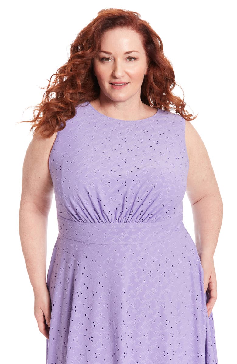 London Times Sleeveless Embroidered Eyelet Midi Dress, Alternate, color, Violet Tulip