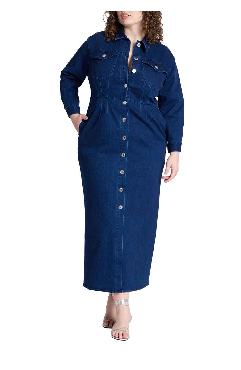 ELOQUII Denim Fitted Dress, Main, color, Black Rinse