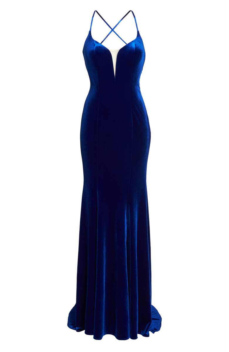 La Femme Crisscross Back Velvet Trumpet Gown, Alternate, color, 
