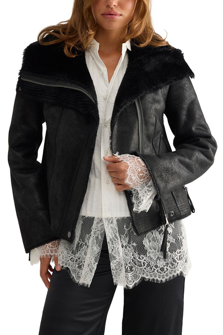 Fourline Faux Leather Jacket with Faux Shearling Lining, Alternate, color, BLACK