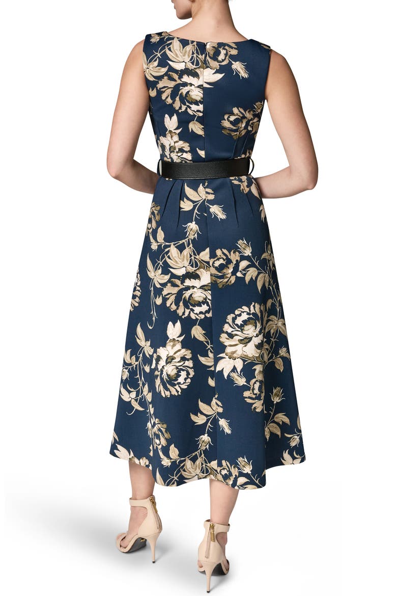 Floral Belted Stretch Fit & Flare Midi Dress, Alternate, color, NIGHT SKY