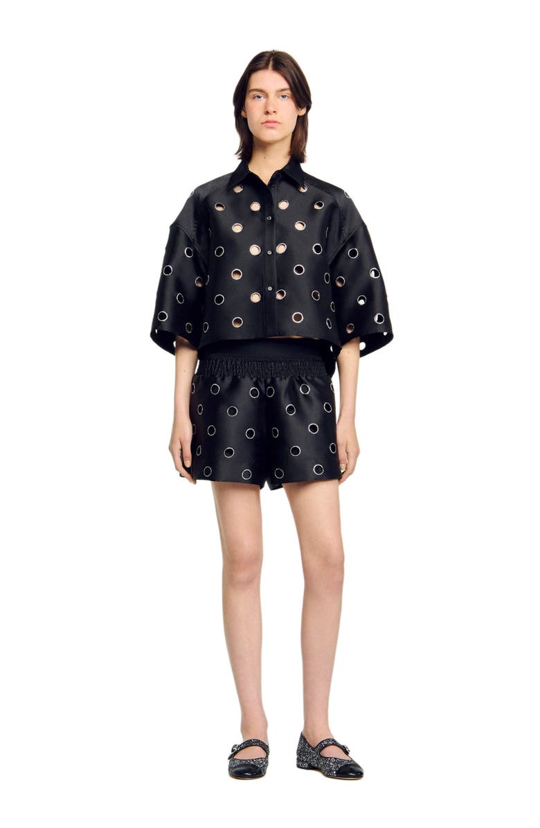 SANDRO Oversized shirt with rhinestones holes, Main, color, Black