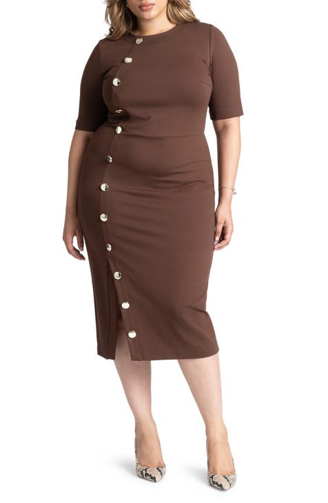 Workwear Side Button Sheath Midi Dress (Plus)