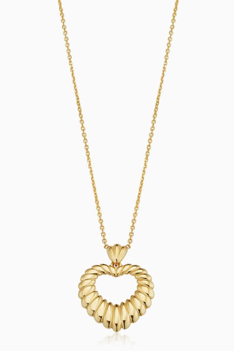 14K Yellow Gold Retro Heart Pendant Necklace