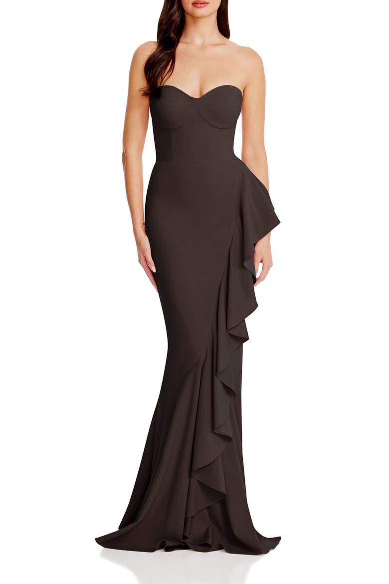 Paris Ruffle Strapless Mermaid Gown, Main, color, MOCHA