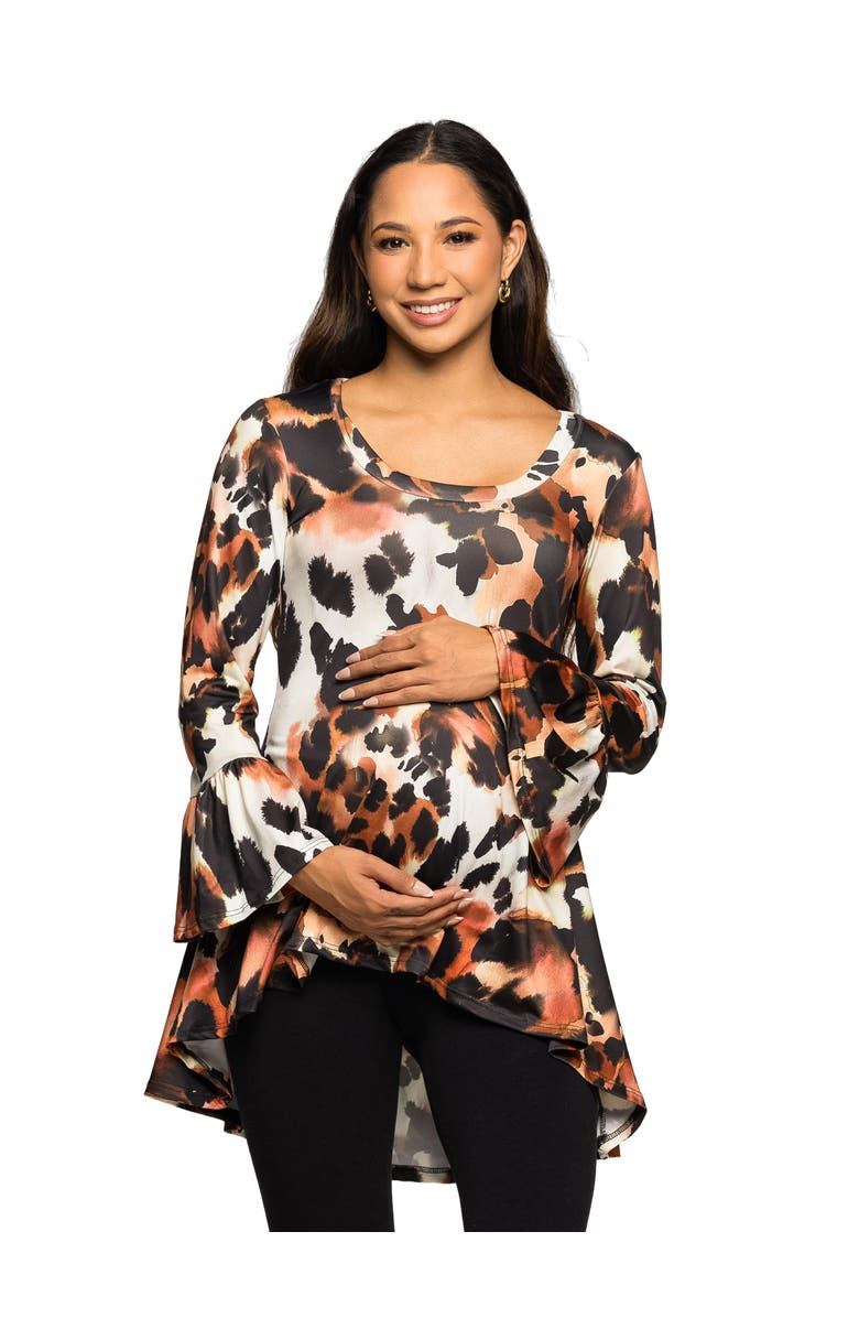 24seven Comfort Apparel Scoop Neck Bell Sleeve Tunic Top Animal Print, Main, color, Brown Multi
