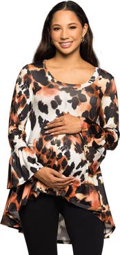 24seven Comfort Apparel Scoop Neck Bell Sleeve Tunic Top Animal Print