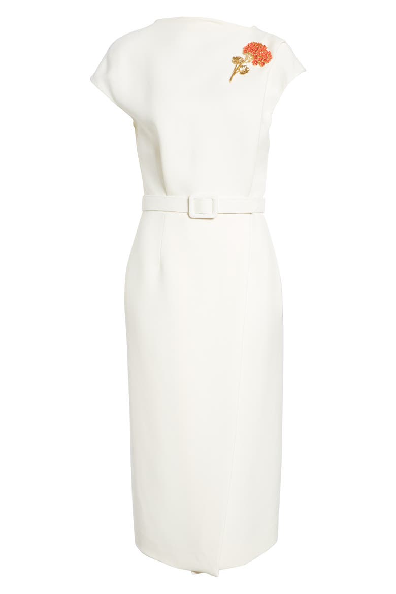 Flower Brooch Belted Wool & Silk Midi Dress, Alternate, color, IVB-IVORY