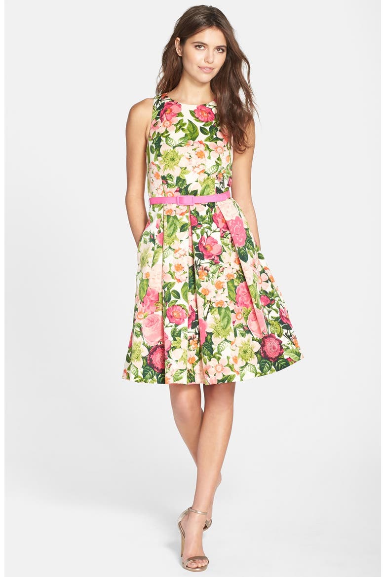 Belted Print Faille Fit & Flare Dress, Alternate, color, PRINT