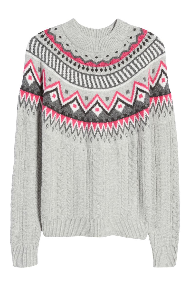Fair Isle Cable Knit Sweater, Alternate, color, GREY HEATHER- PINK FAIRISLE