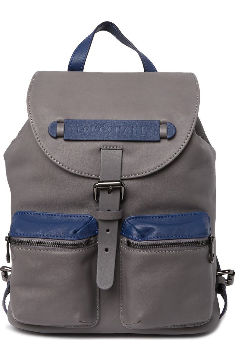 Longchamp Small Leather Flap Backpack, Main, color, Grey/Blue