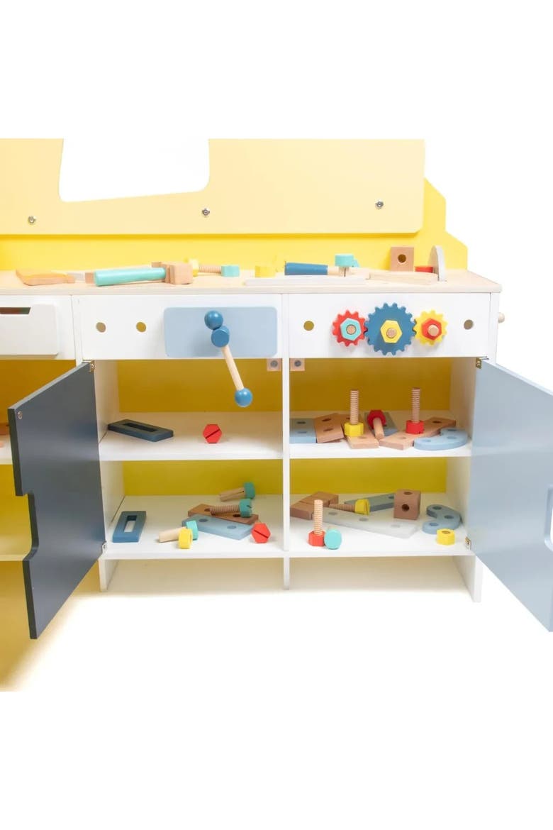 Construction Truck Wooden Playset w 60+ Toy Pieces- Pretend Hammer Saw Bolts, Screws, Workbench Building Kids Gift, Alternate, color, Yellow