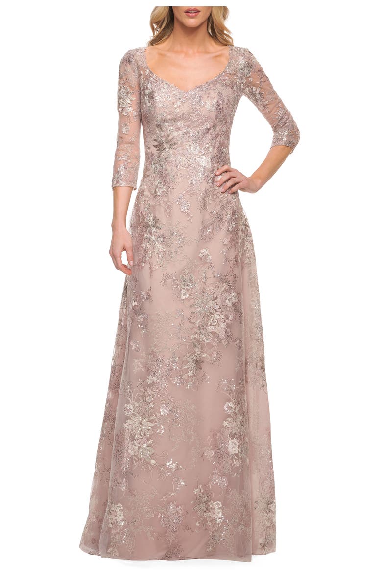 La Femme Metallic Lace Long Gown with Three-Quarter Sleeves, Main, color, Mauve