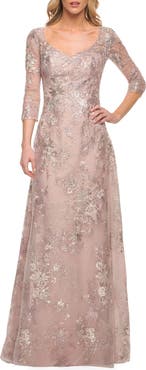 La Femme Metallic Lace Long Gown with Three-Quarter Sleeves