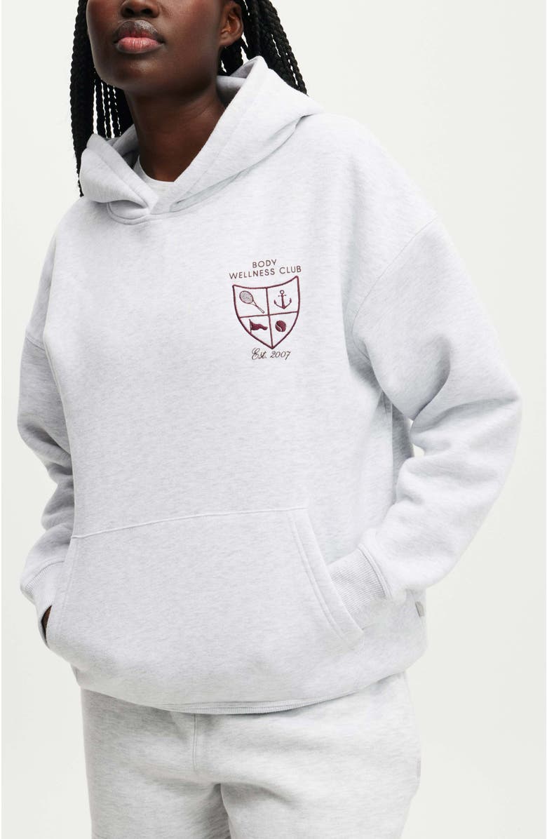 COTTON ON BODY Women's Active Plush Premium Graphic Hoodie, Alternate, color, Cloudy Grey Marle Heritage