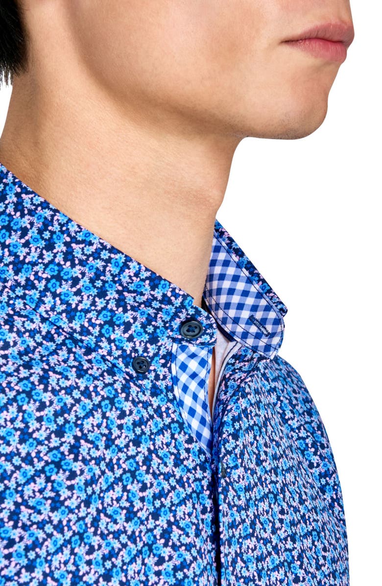 CONSTRUCT Slim Fit Clustered Floral Recycled 4-Way Stretch Performance Short Sleeve Shirt, Alternate, color, Navy/Pink