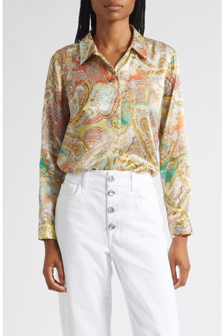 Tyler Paisley Silk Button-Up Top, Main, color, GREEN MULTI CLUSTER PAISLEY