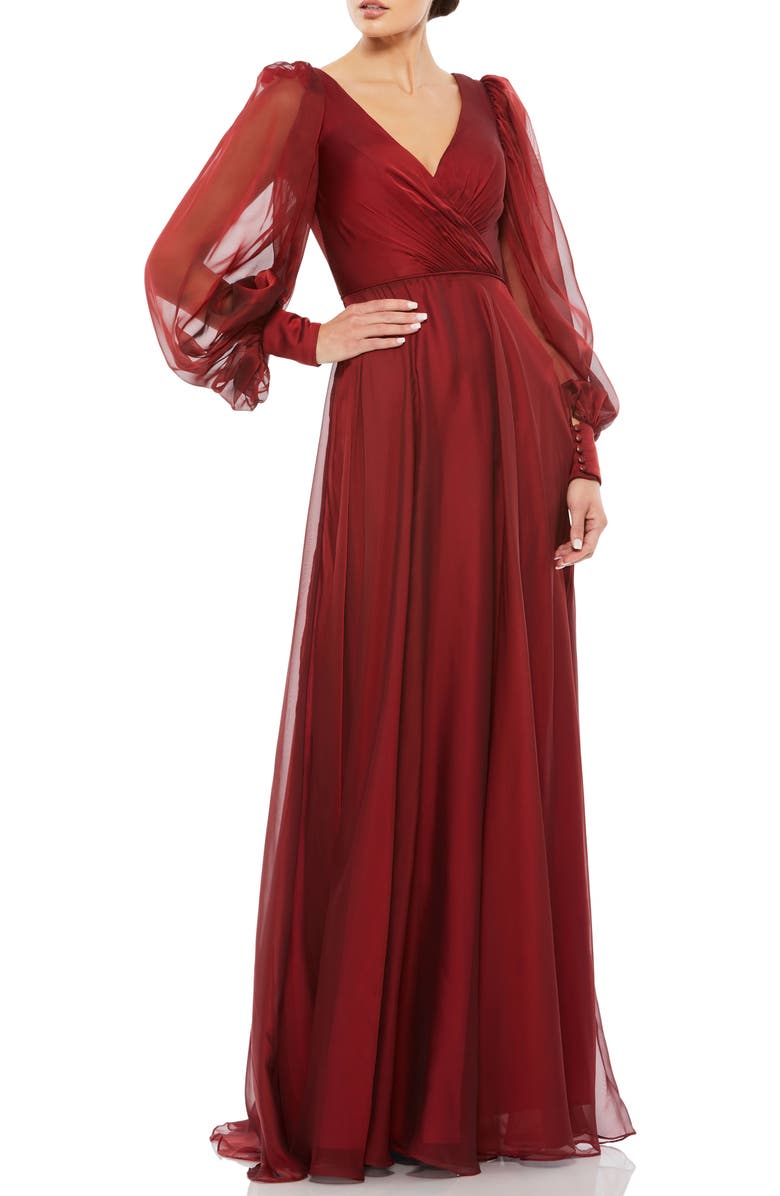 Mac Duggal Sheer Blouson Sleeve Surplice Gown, Main, color, Garnet