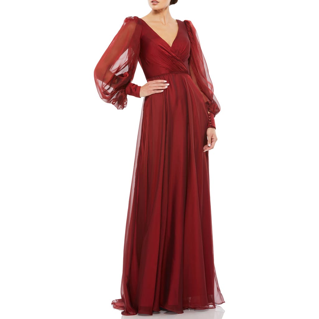 Mac Duggal Sheer Blouson Sleeve Surplice Gown In Garnet