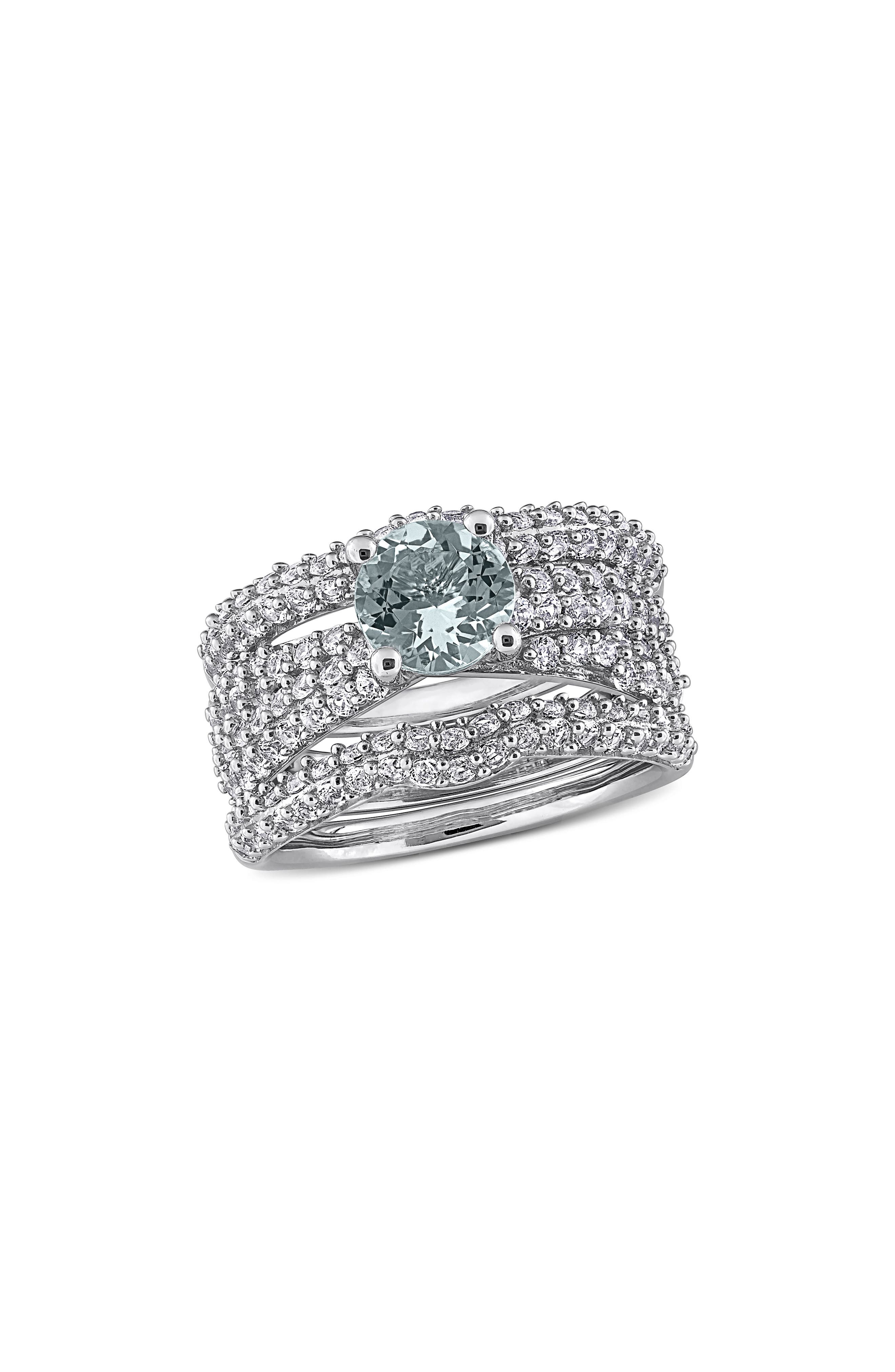 DELMAR Aquamarine & Lab Grown White Sapphire Wedding Bands & Engagement Ring Set