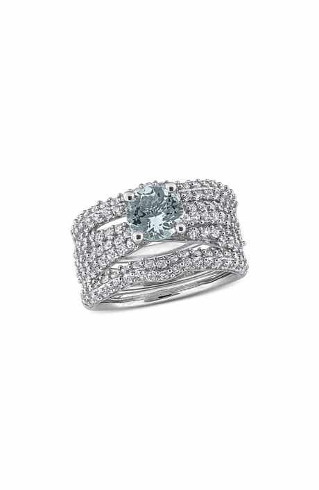 DELMAR Aquamarine & Lab Grown White Sapphire Wedding Bands & Engagement Ring Set