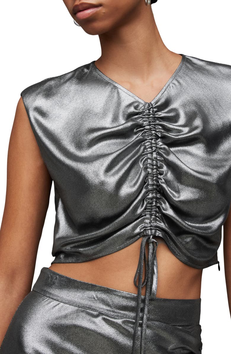 AllSaints Carla Metallic Crop Top, Alternate, color, Gunmetal Grey