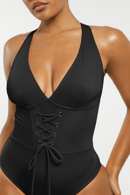 Shapellx Smart Sculpt Plunge Corset Shaping Swimsuit In Matte Black