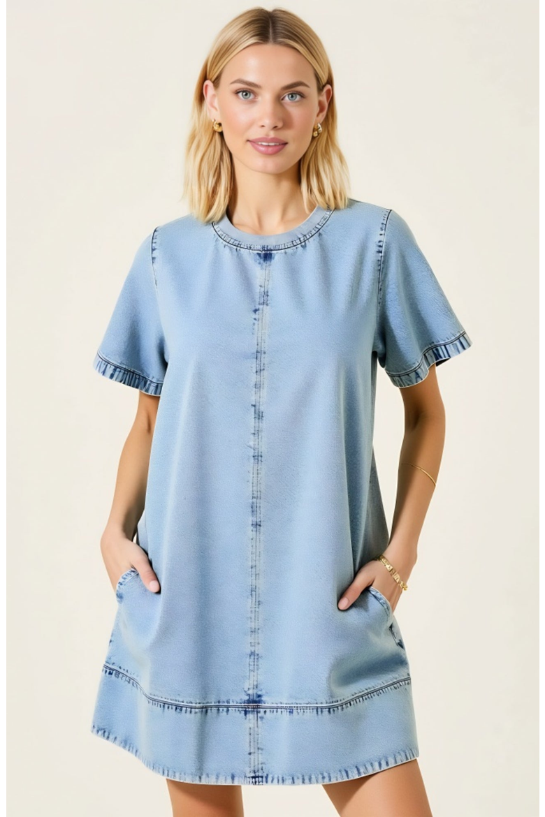 Denim Mini Dress with Pockets, Main, color, Light Blue