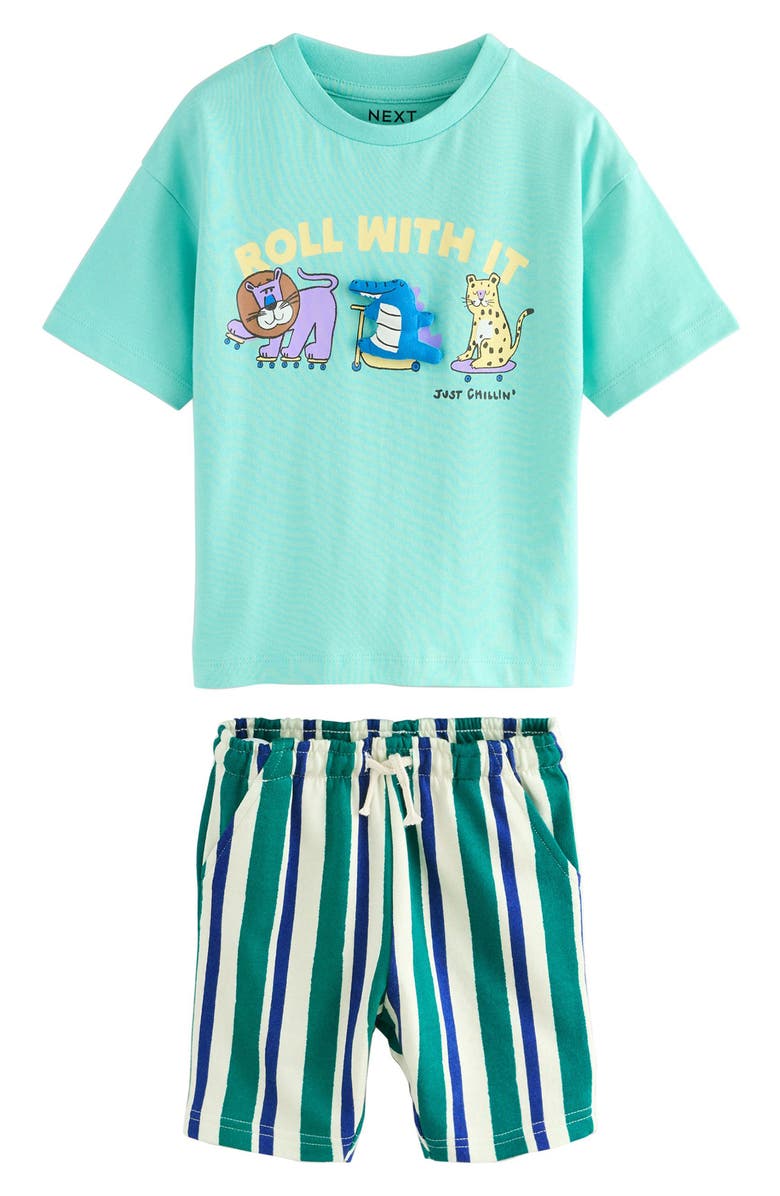 NEXT Kids' 3D Gator Cotton Graphic T-Shirt & Striped Shorts Set, Main, color, Green